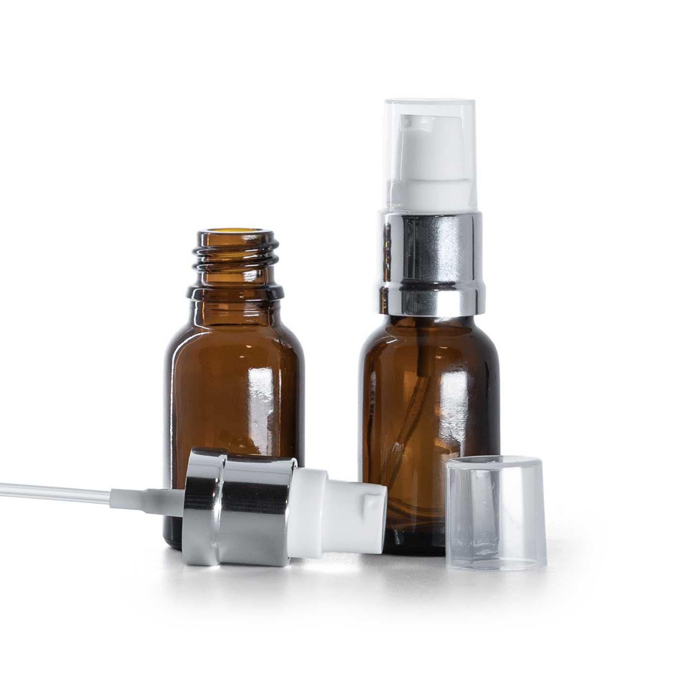 Flacon en verre ambré avec pompe blanche argentée brillante, 15 ml