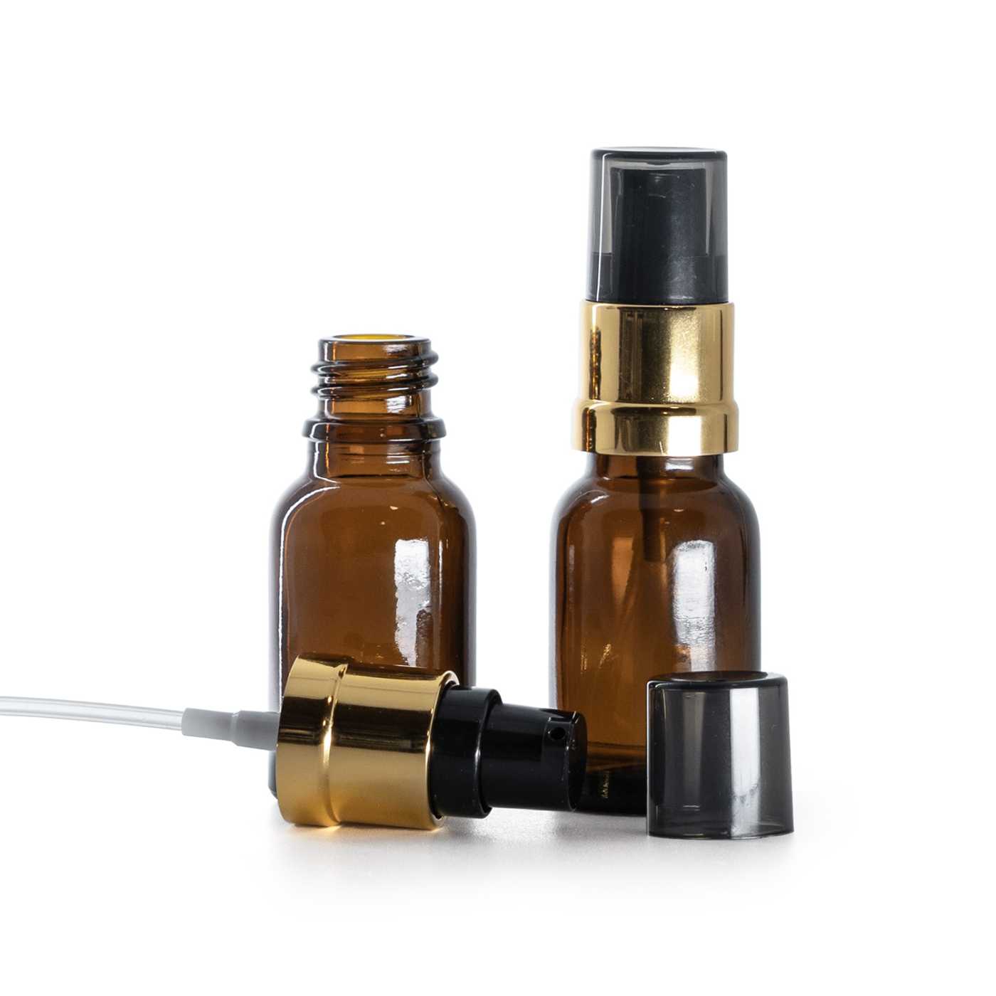 Flacon en verre brun, pompe brillante noir et or avec surcapuchon fumé, 15 ml