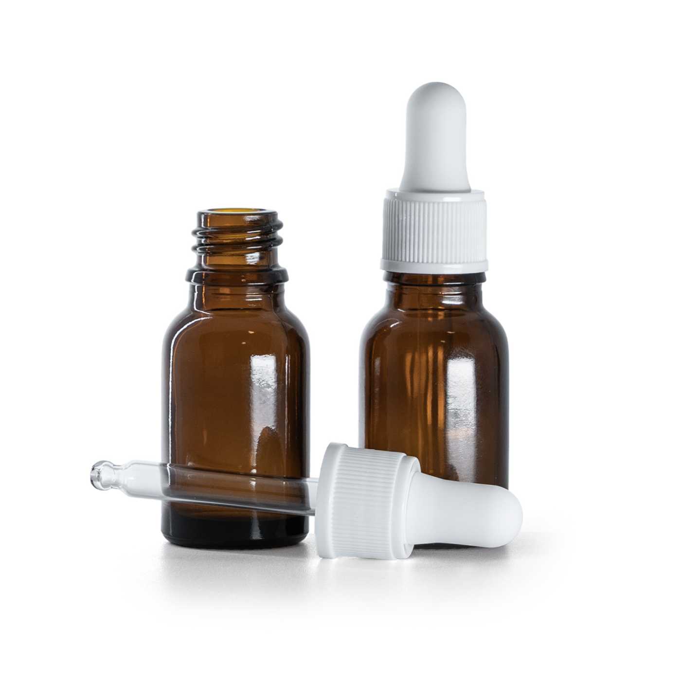 Flacon en verre ambré, compte-gouttes blanc mat, 15 ml