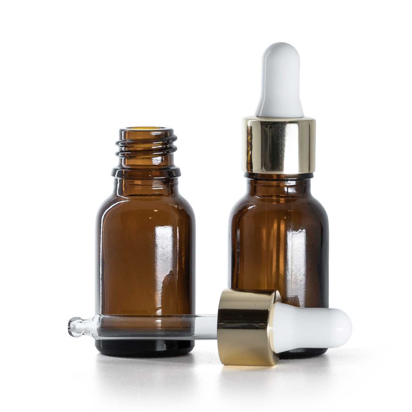 Flacon en verre ambré avec pipette blanc-or, 15 ml