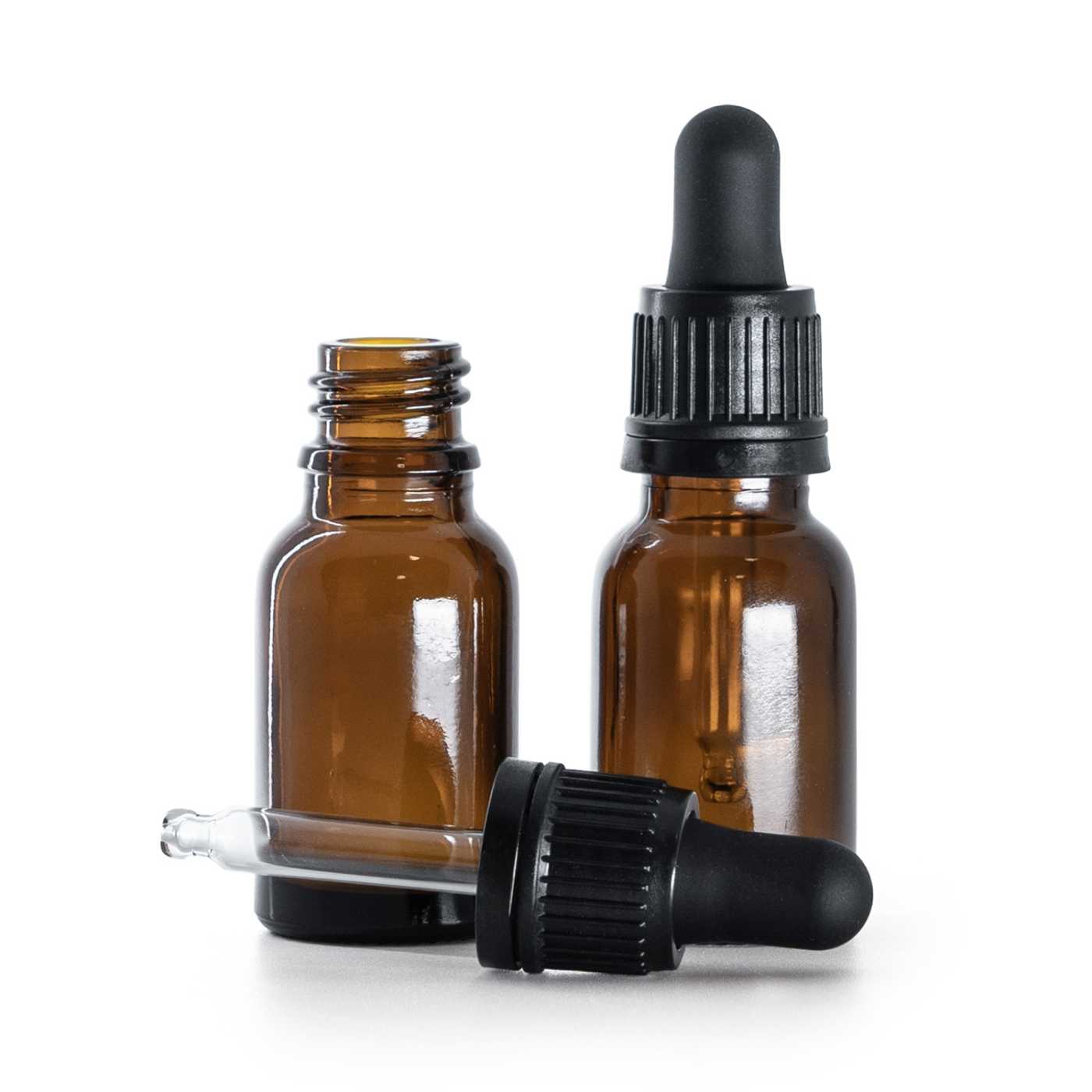 Flacon en verre ambré avec compte-gouttes inviolable noir, 15 ml