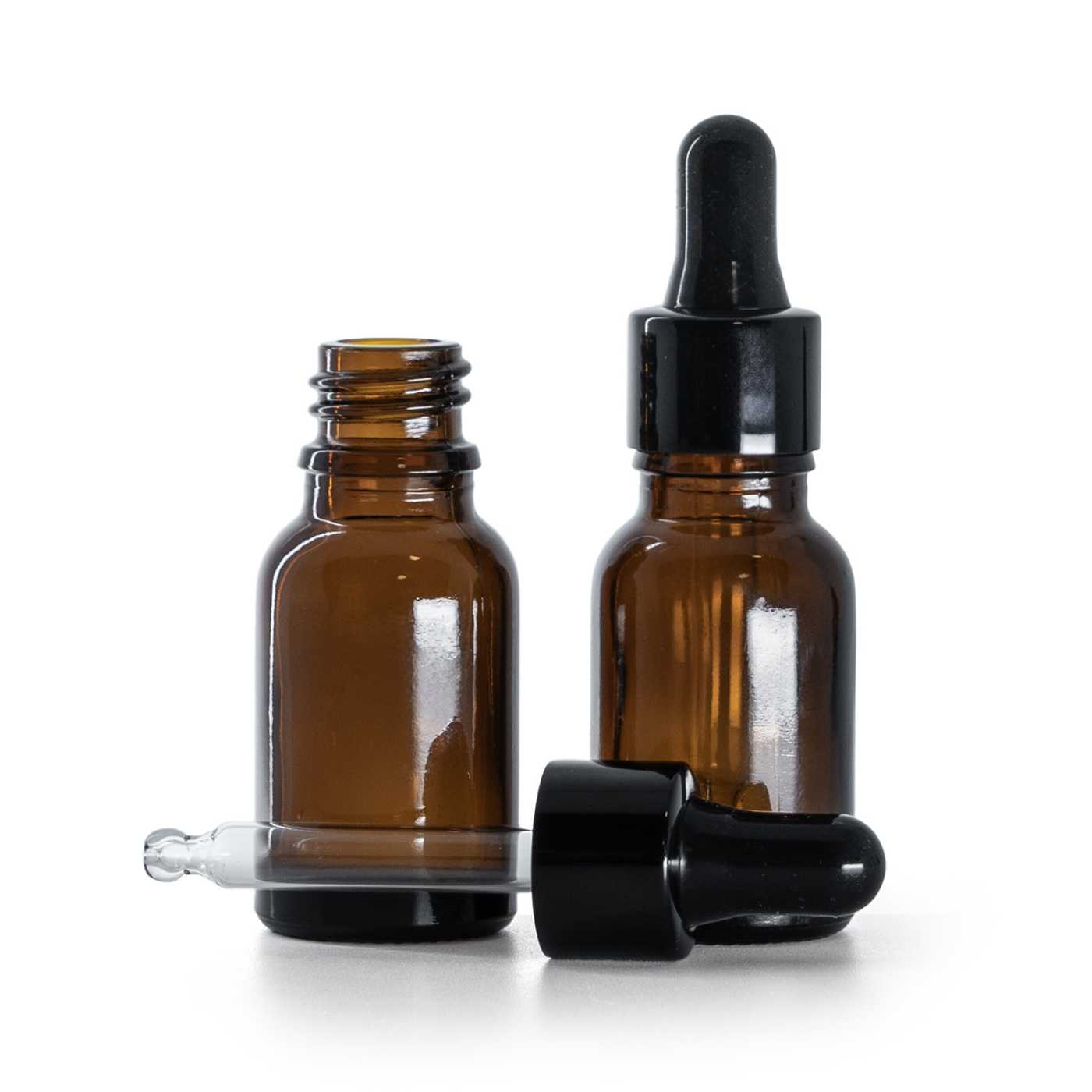 Flacon en verre ambré avec pipette noire brillante, 15 ml
