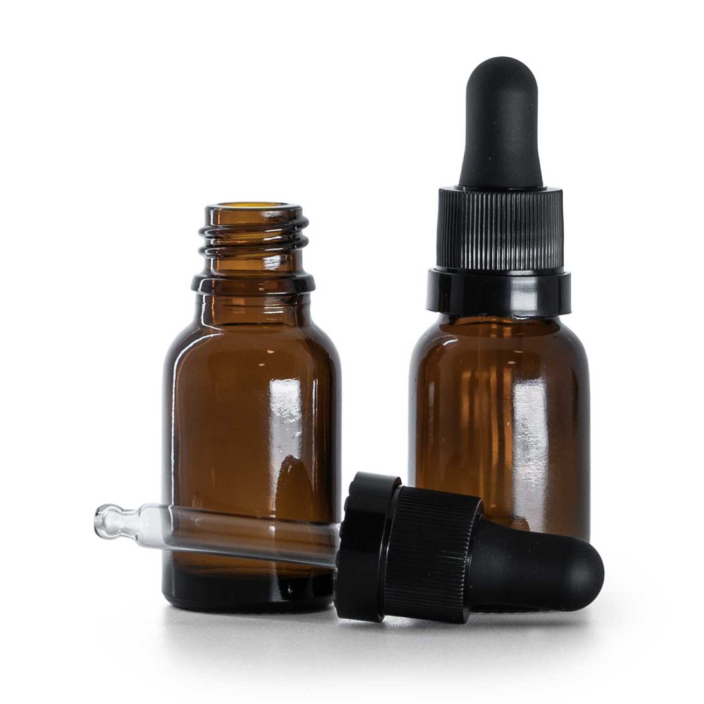 Flacon en verre ambré, compte-gouttes noir avec bague brillante, 15 ml