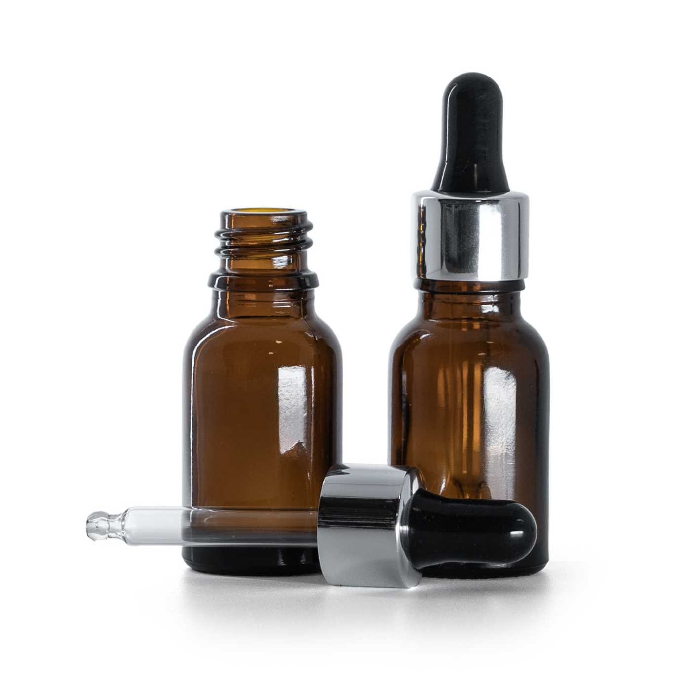 Flacon en verre ambré avec compte-gouttes noir argenté, 15 ml