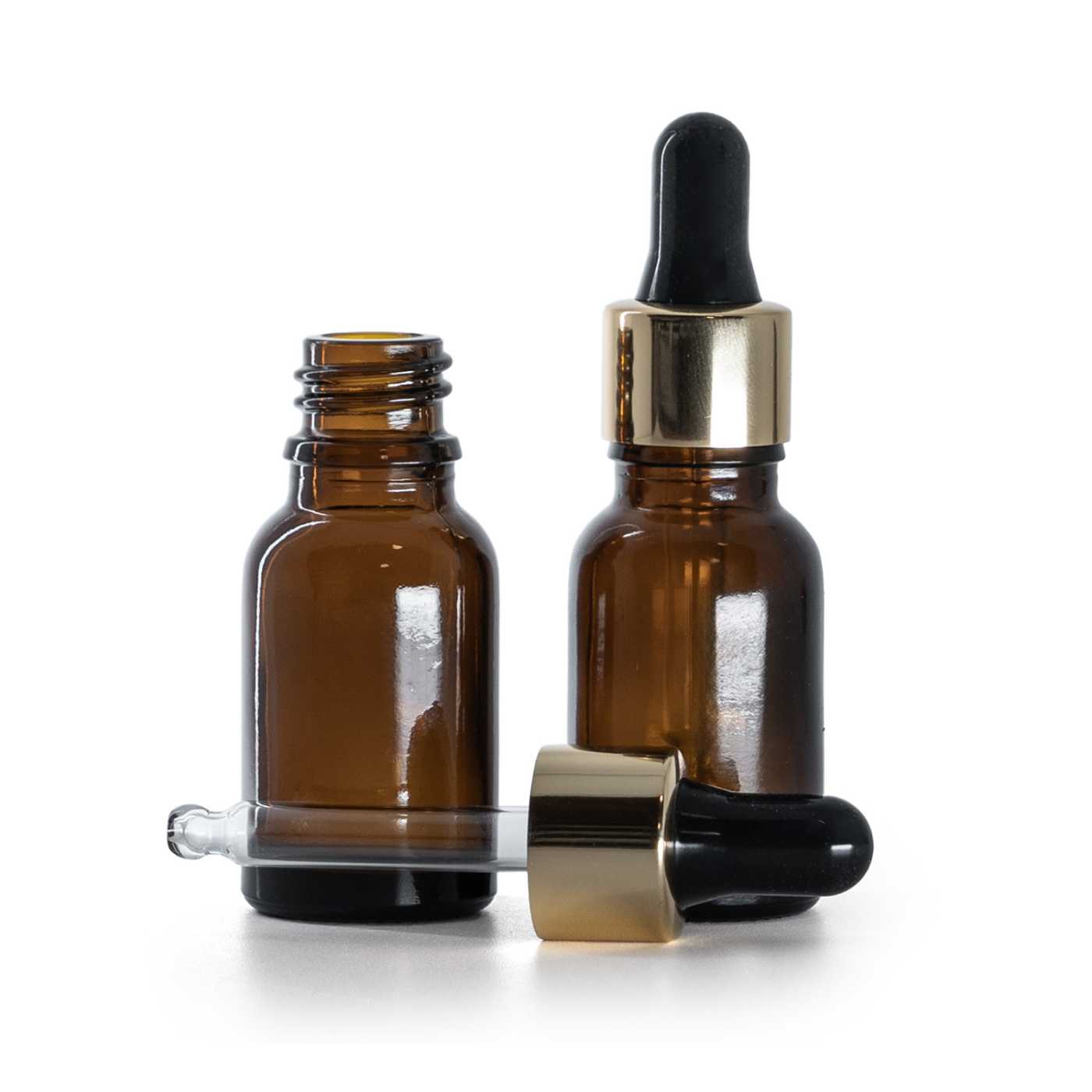 Flacon en verre ambré avec compte-gouttes noir et or 15 ml