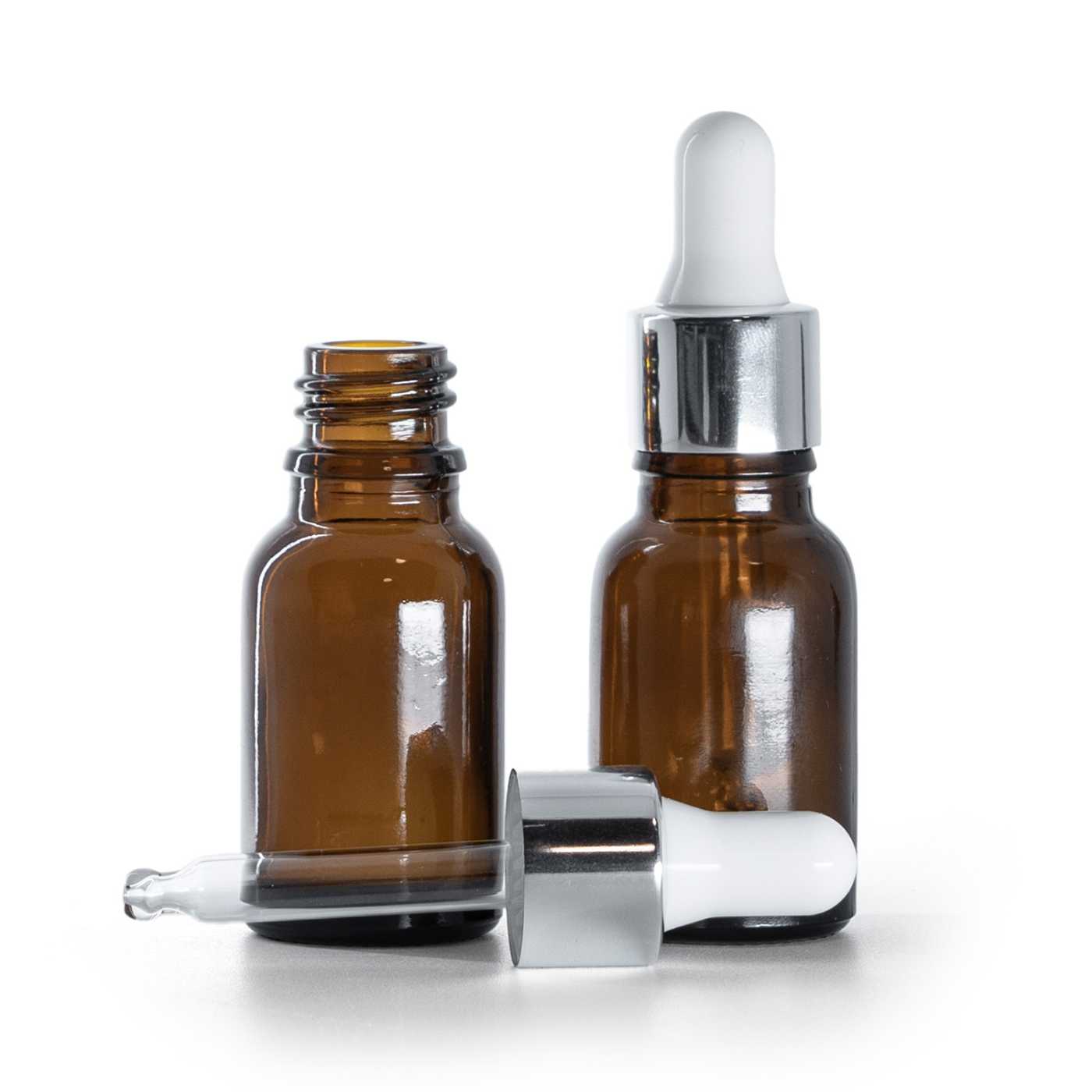 Flacon en verre ambré avec pipette argentée brillante, 15 ml