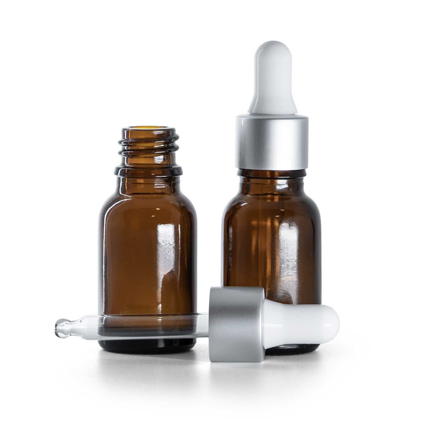 Flacon en verre ambré avec compte-gouttes mat argenté, 15 ml