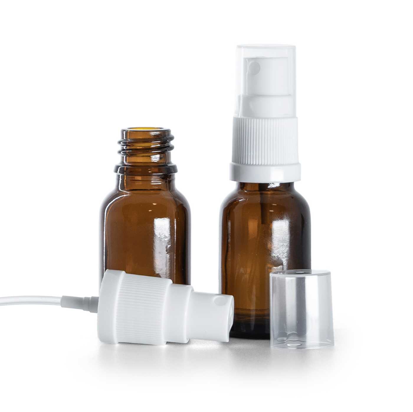Flacon en verre ambré avec pulvérisateur blanc 15 ml