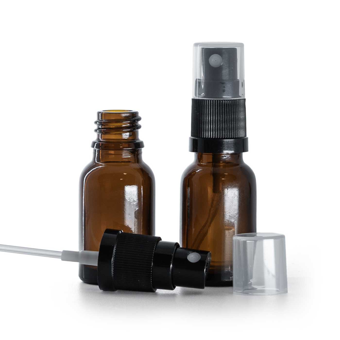 Flacon en verre ambré avec pompe spray noire, 15 ml