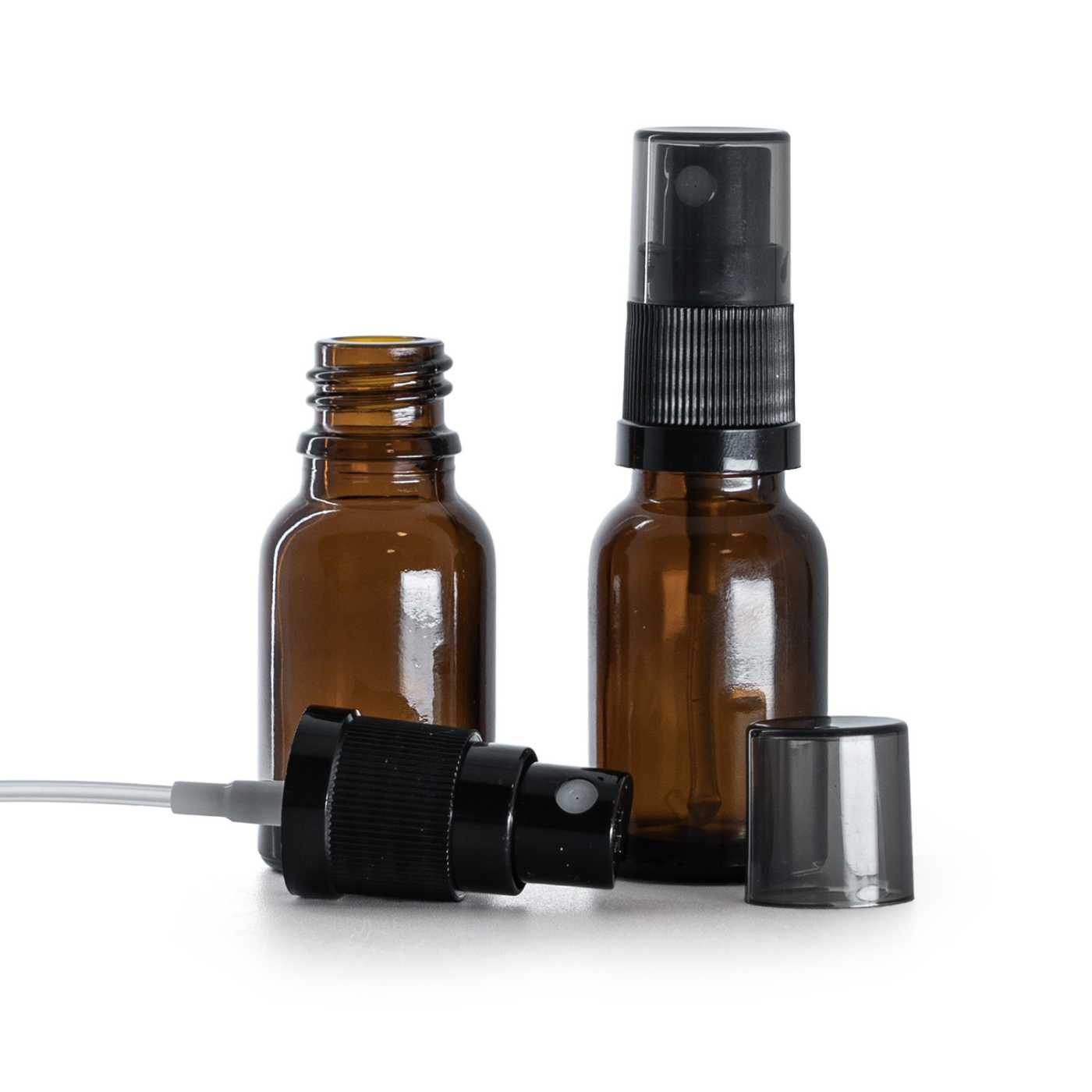 Sklenená fľaška, liekovka, čierny rozprašovač, dymový kryt, 15 ml