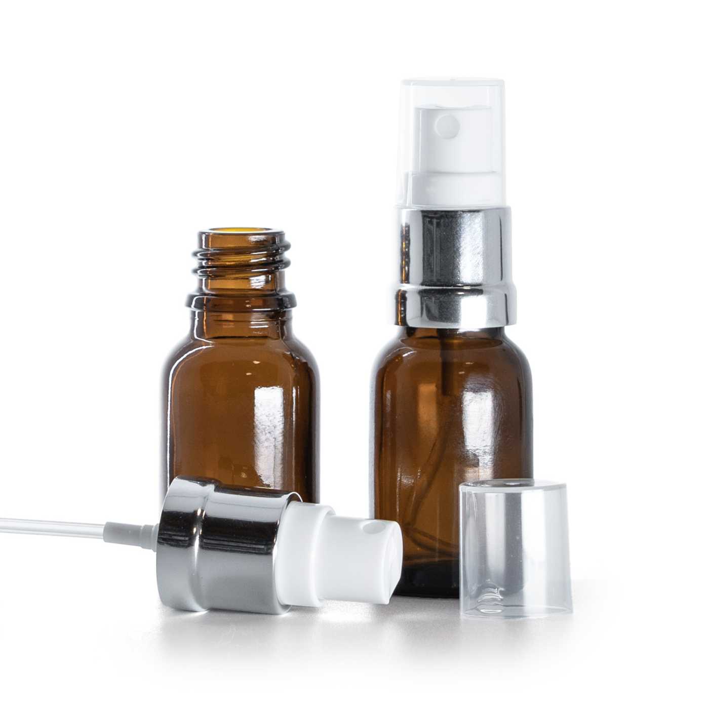 Butelka szklana, apteczna, biało-srebrny atomizer, 15 ml
