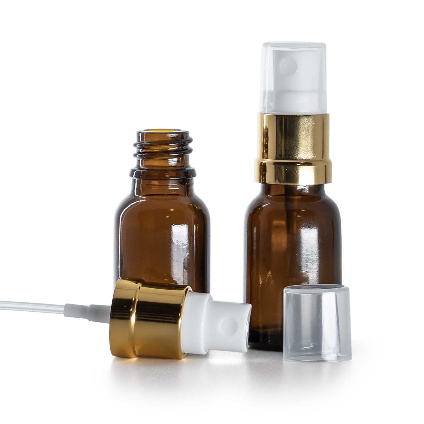 Flacon en verre ambré avec pompe spray blanc or, 15 ml