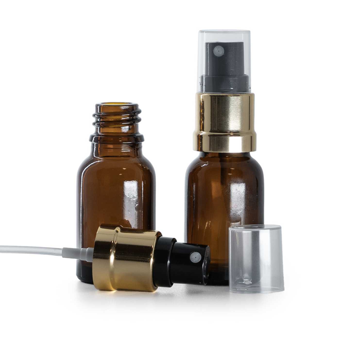 Flacon en verre ambré, Pompe spray noir et or, 15 ml