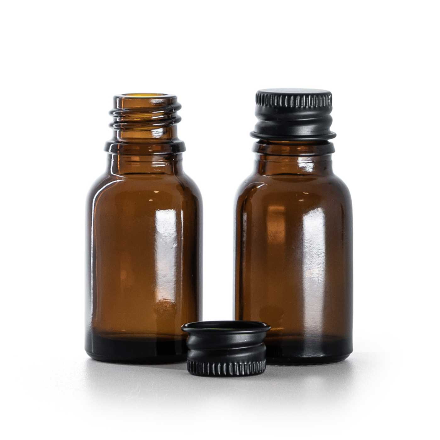 Flacon en verre ambré, bouchon en aluminium noir, 15 ml
