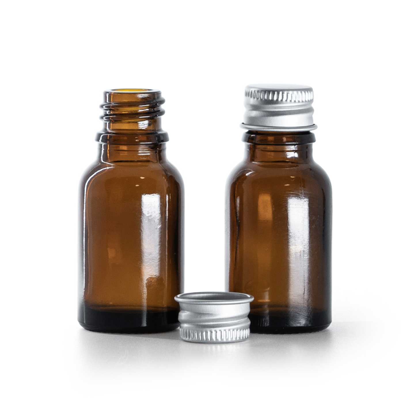 Flacon en verre ambré avec bouchon en aluminium argenté, 15 ml