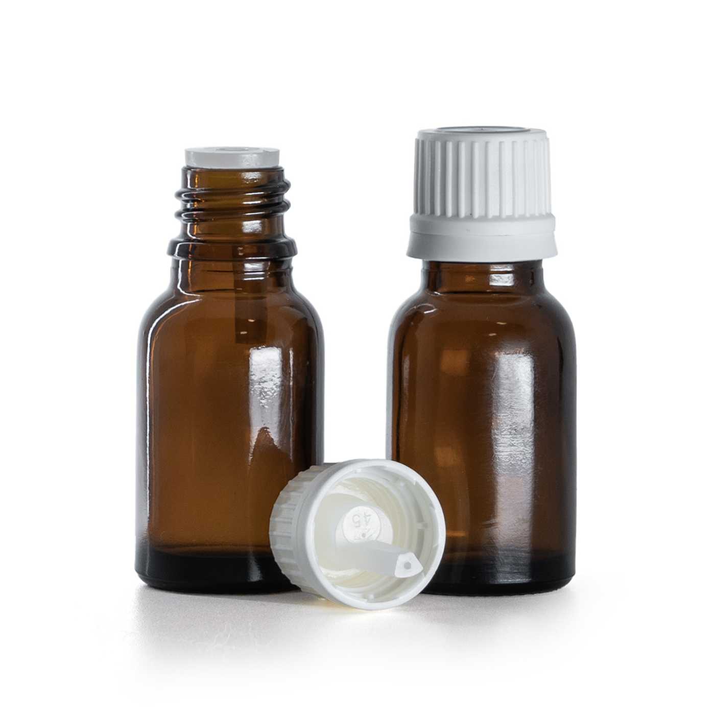 Flacon en verre brun, bouchon compte-gouttes blanc inviolable, 15 ml