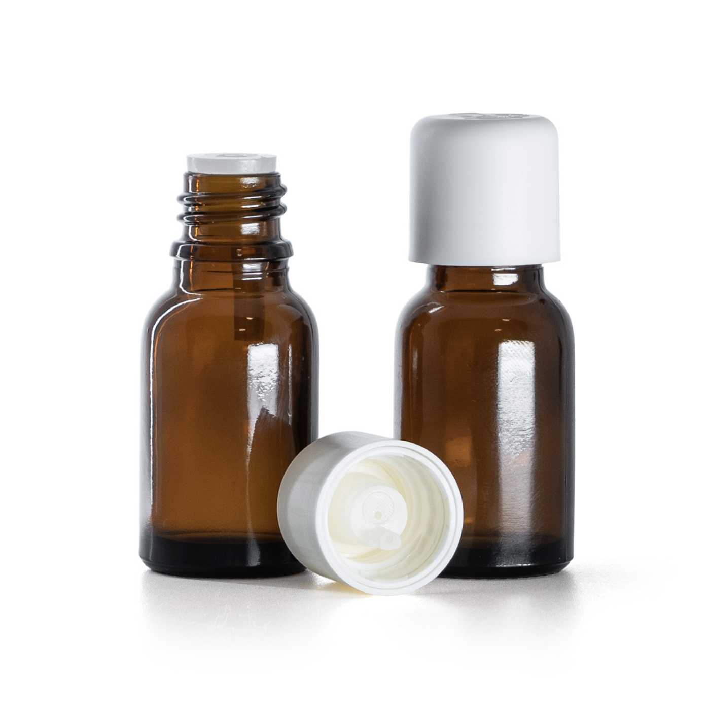Flacon en verre ambré avec bouchon de sécurité blanc, 15 ml