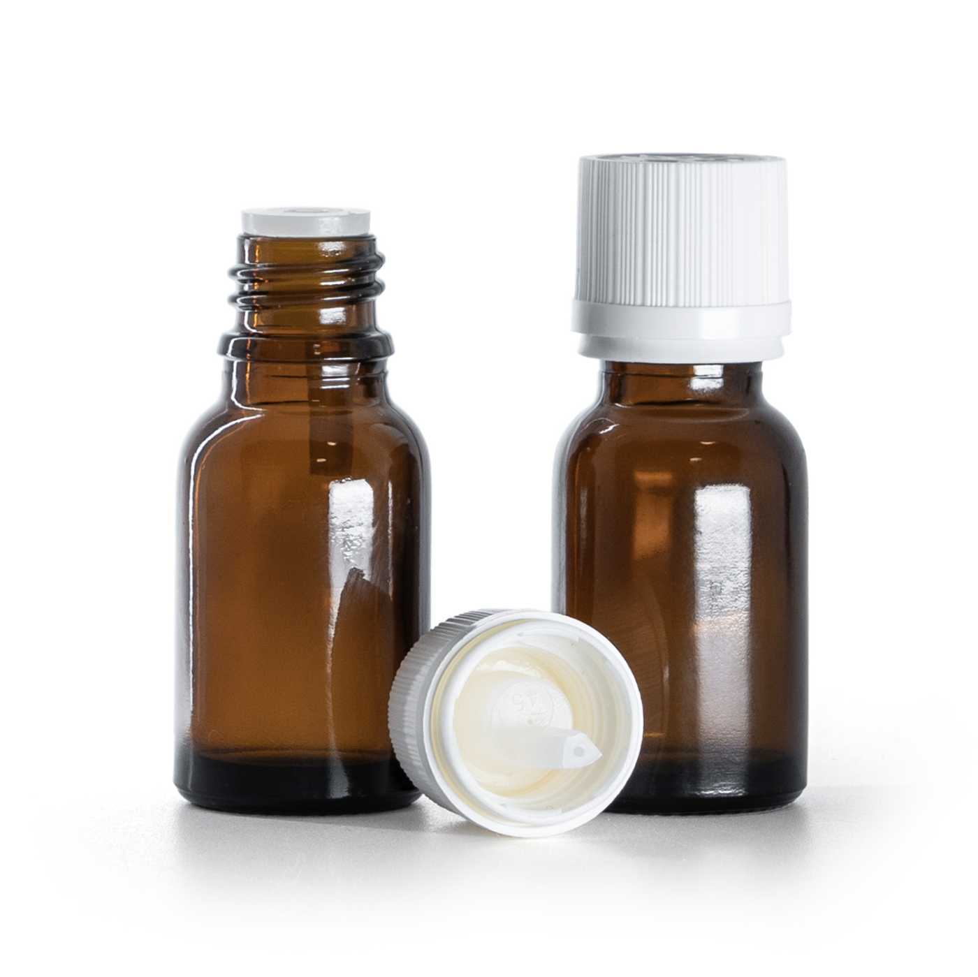 Flacon en verre ambré, bouchon blanc inviolable avec compte-gouttes, 15 ml