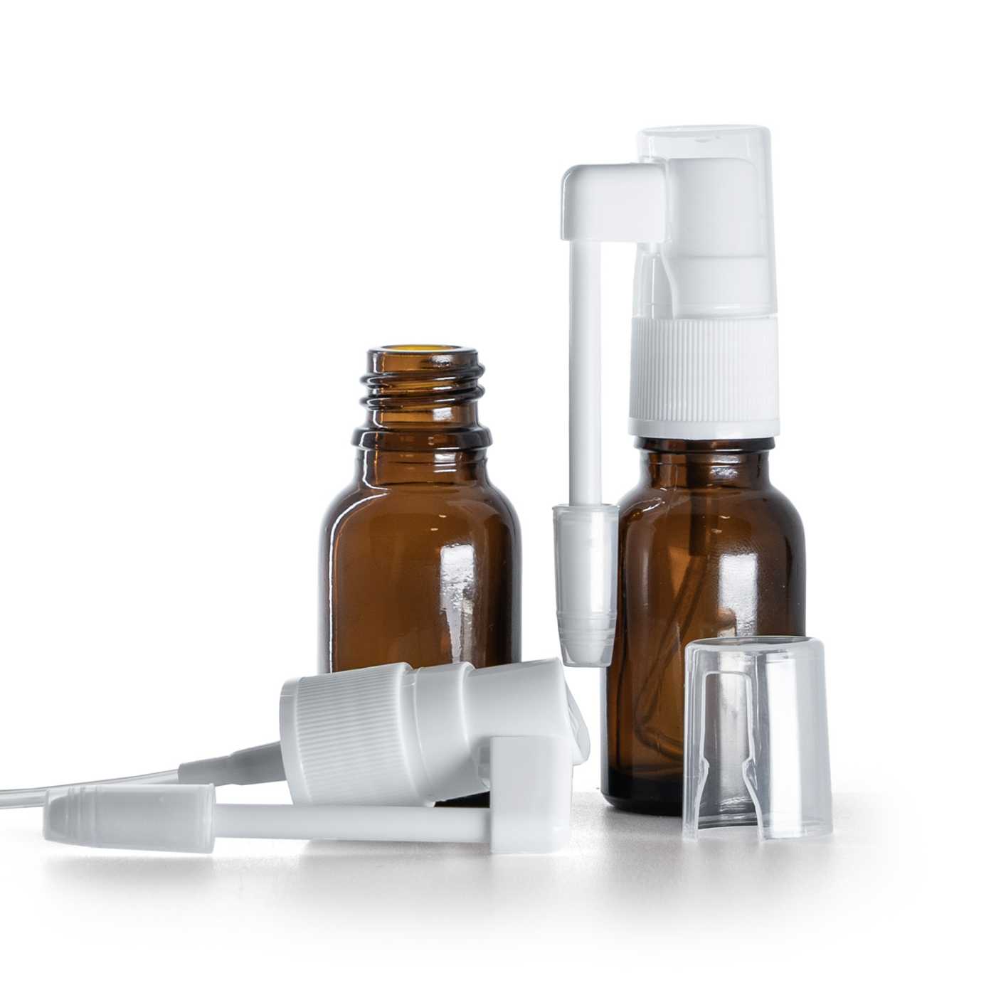 Flacon en verre ambré avec pulvérisateur buccal blanc, 15 ml