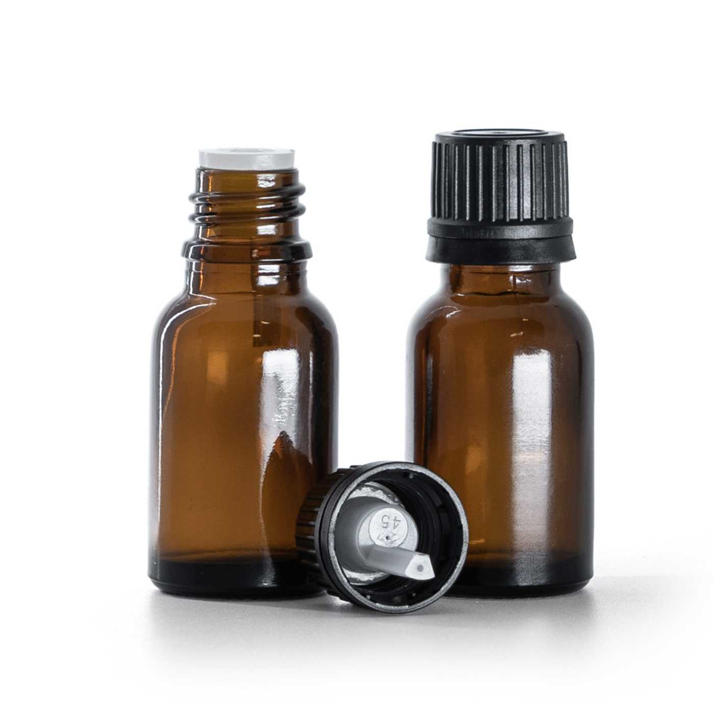 Flacon en verre brun, bouchon noir avec pipette, 15 ml
