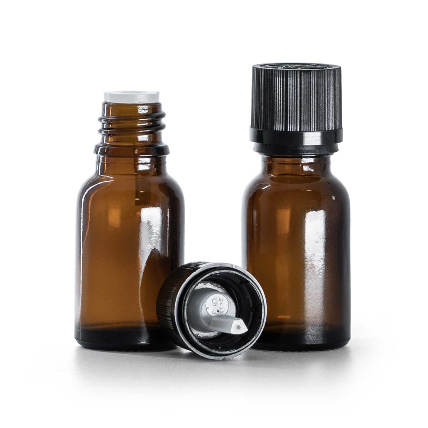 Flacon en verre ambré avec capsule de sécurité noire et compte-gouttes 15 ml