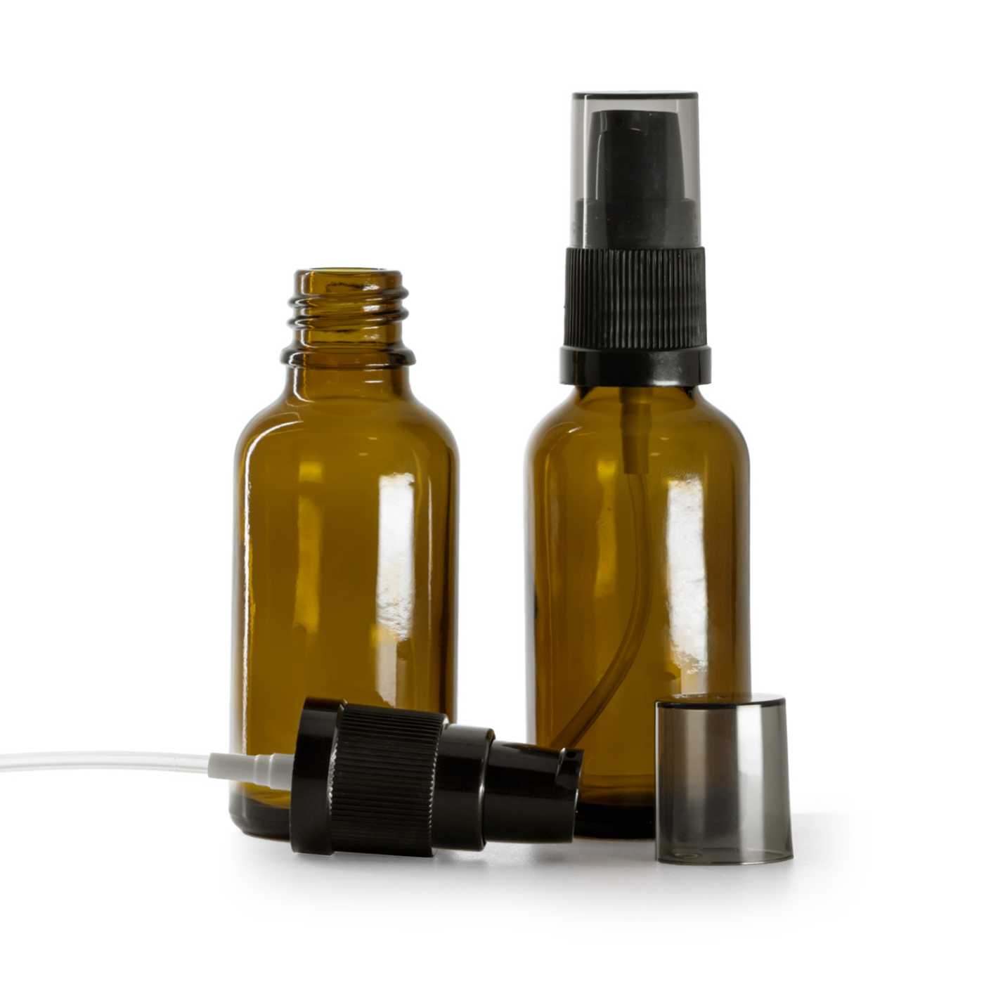 Flacon en verre brun, pompe crème avec surcapuchon fumé, 30 ml