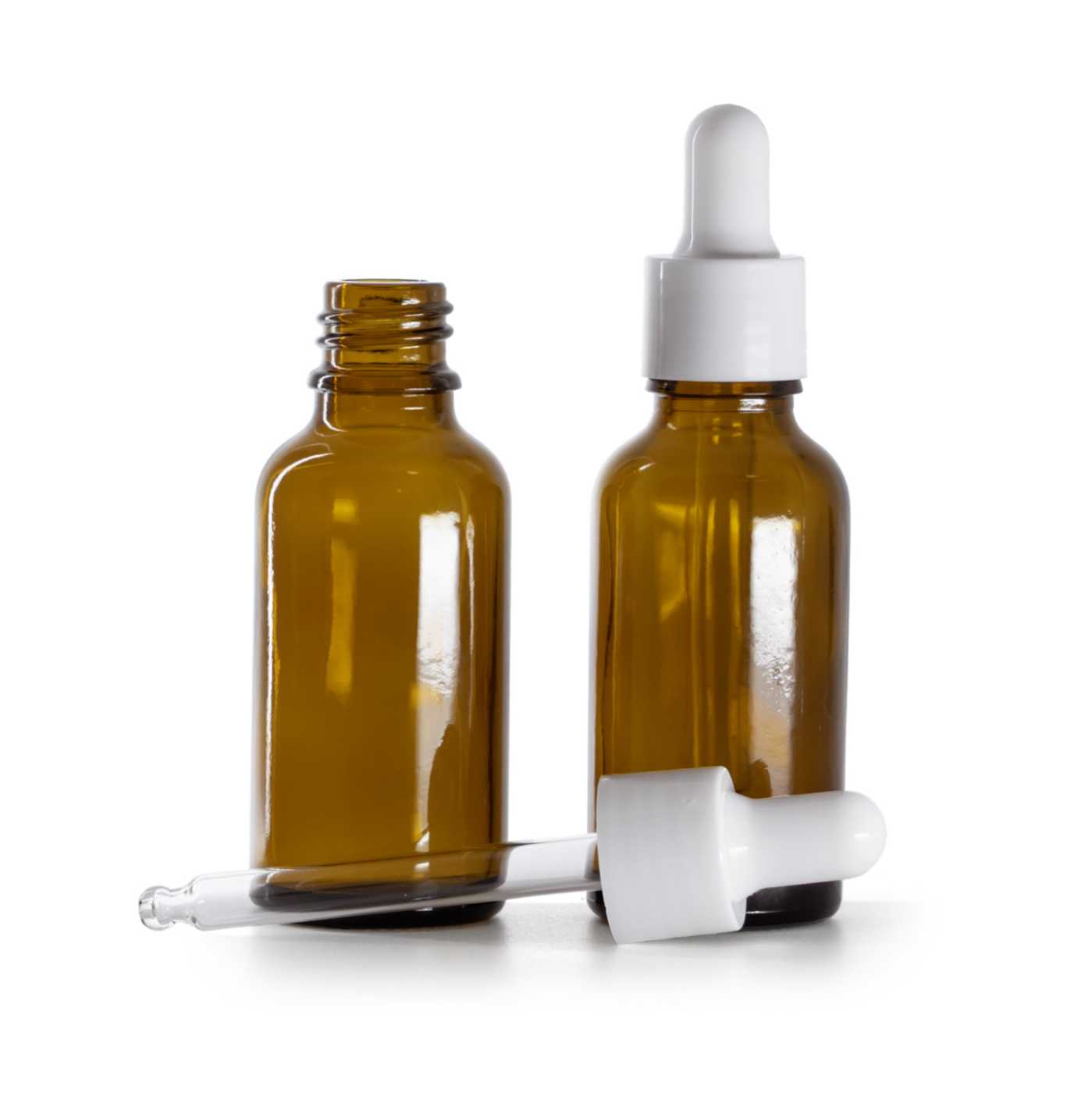 Szklana butelka apteczna, brązowa, biały błyszczący kroplomierz, 30 ml