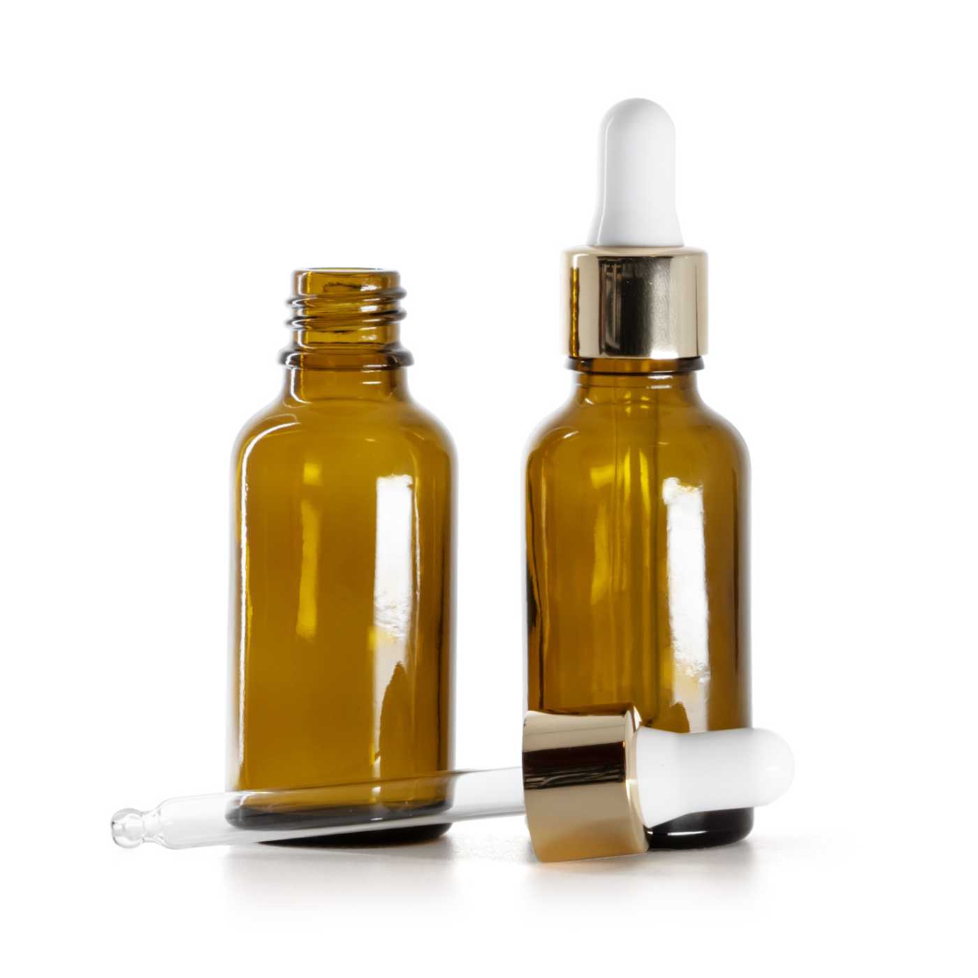 Flacon en verre ambré avec pipette blanc-or, 30 ml