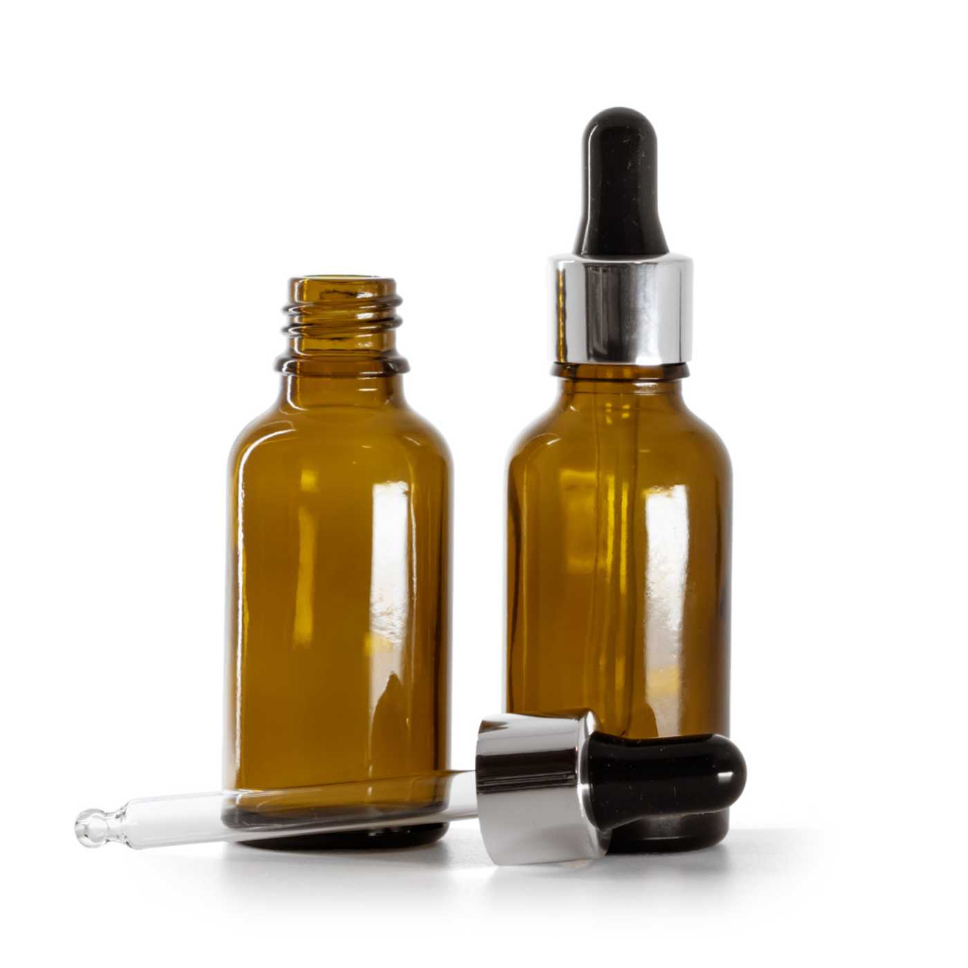 Flacon en verre ambré avec compte-gouttes noir argenté brillant 30 ml