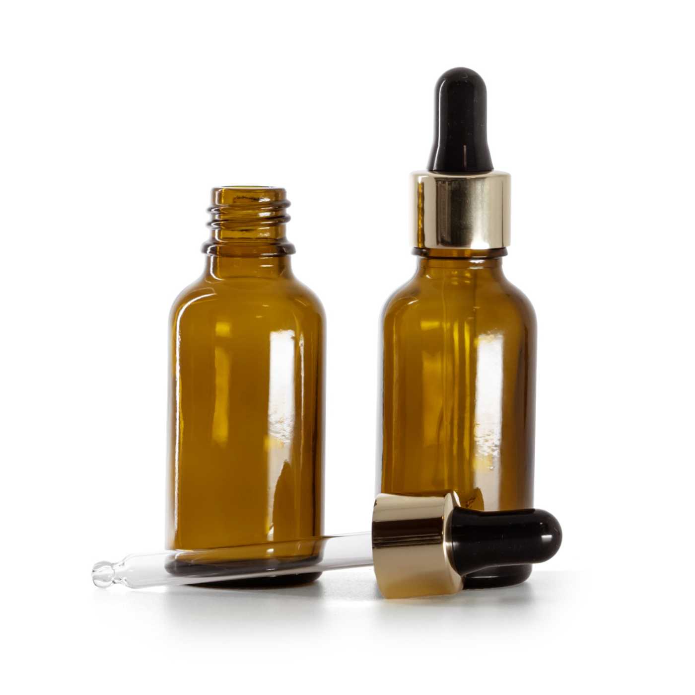 Braunglasflasche mit schwarz-goldener Pipette, 30 ml