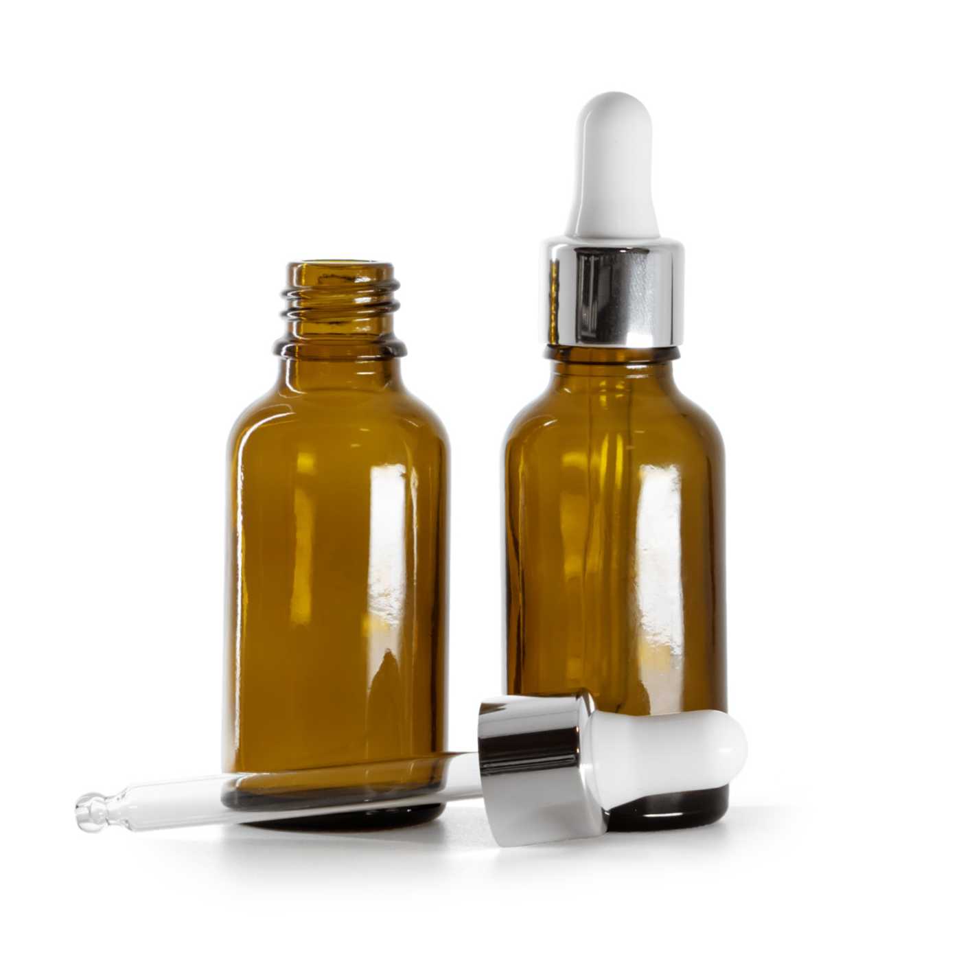 Flacon en verre ambré avec pipette argentée brillante, 30 ml