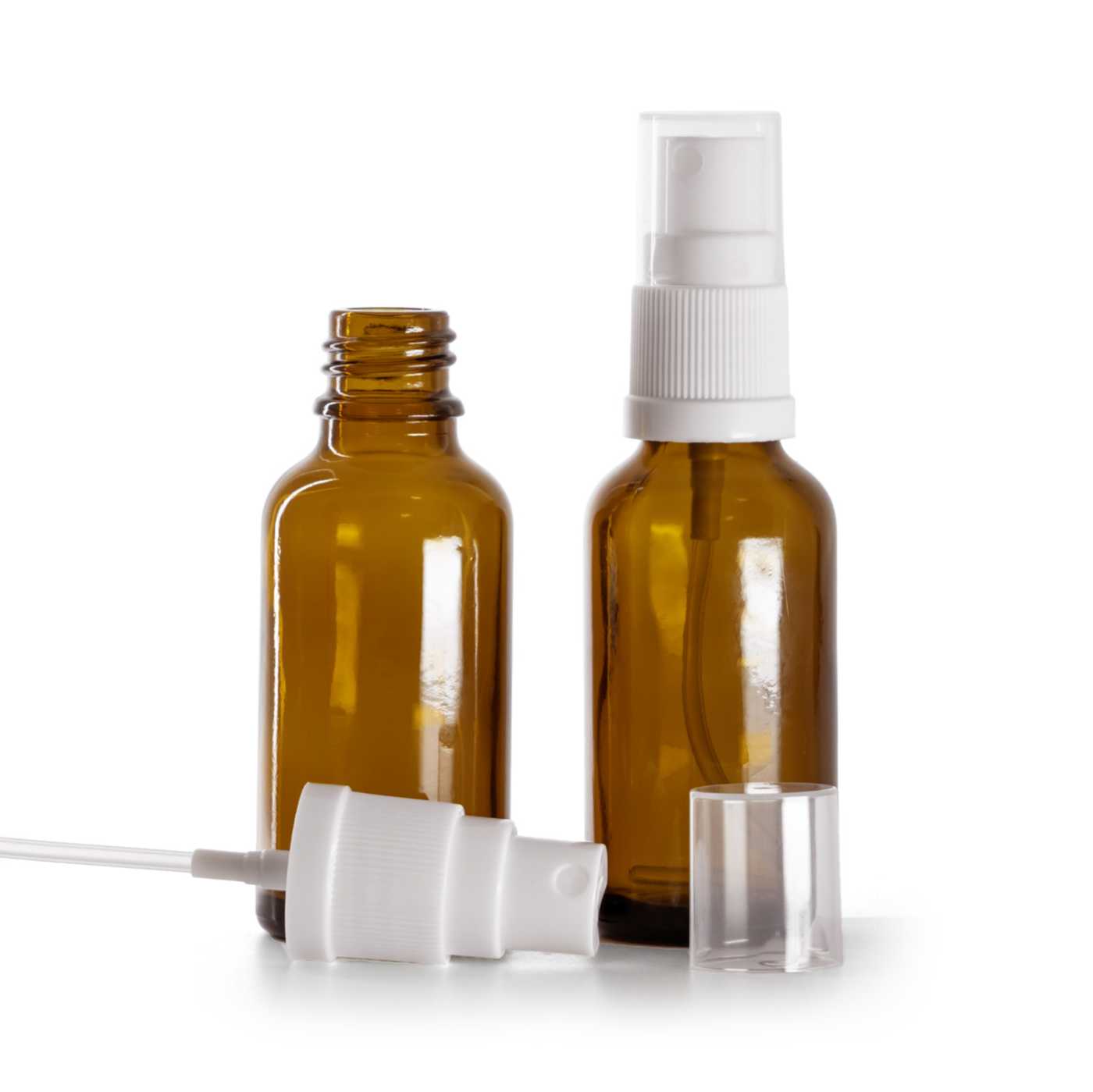 Flacon en verre ambré avec pompe spray blanche, 30 ml