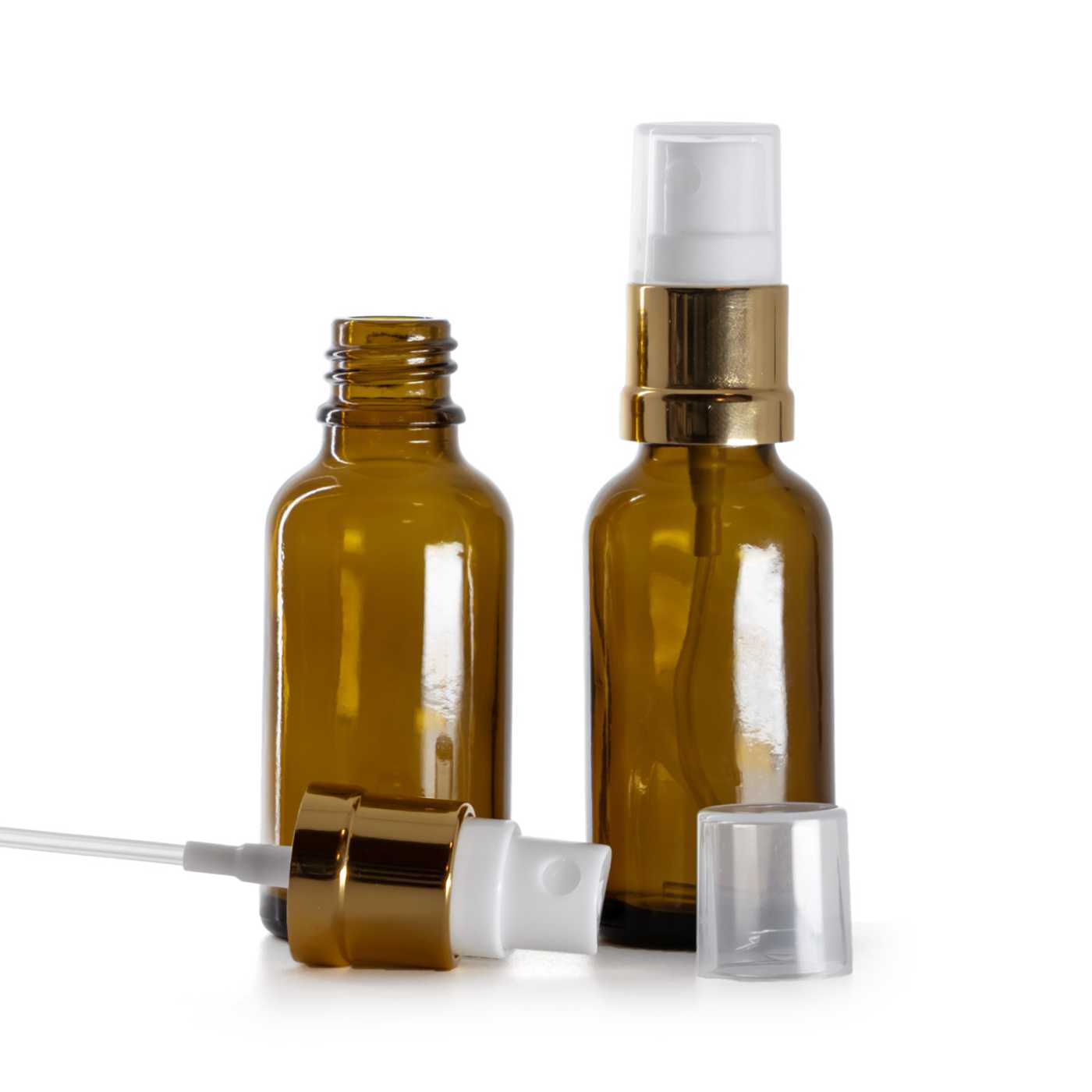 Flacon en verre ambré avec pompe spray blanc-or, 30 ml