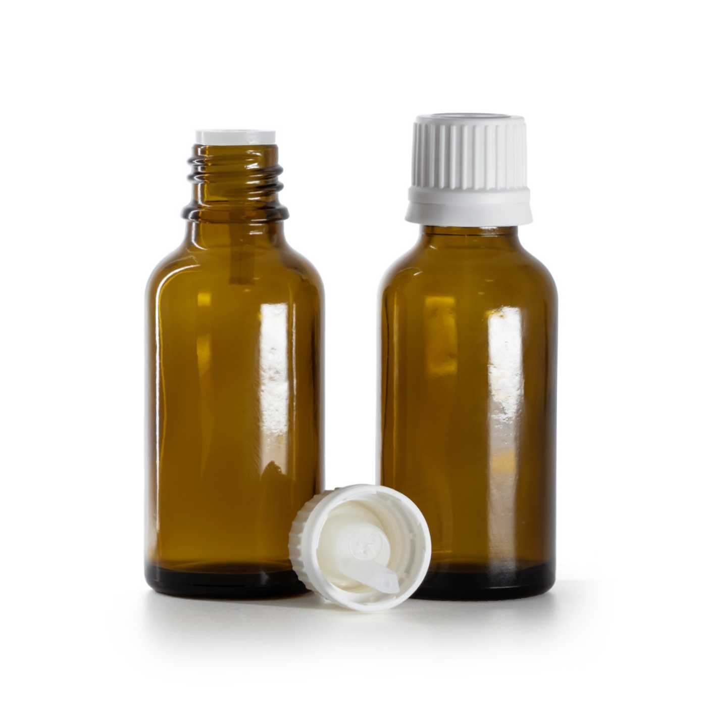 Butelka szklana apteczna, biała nakrętka z kroplomierzem, 30 ml