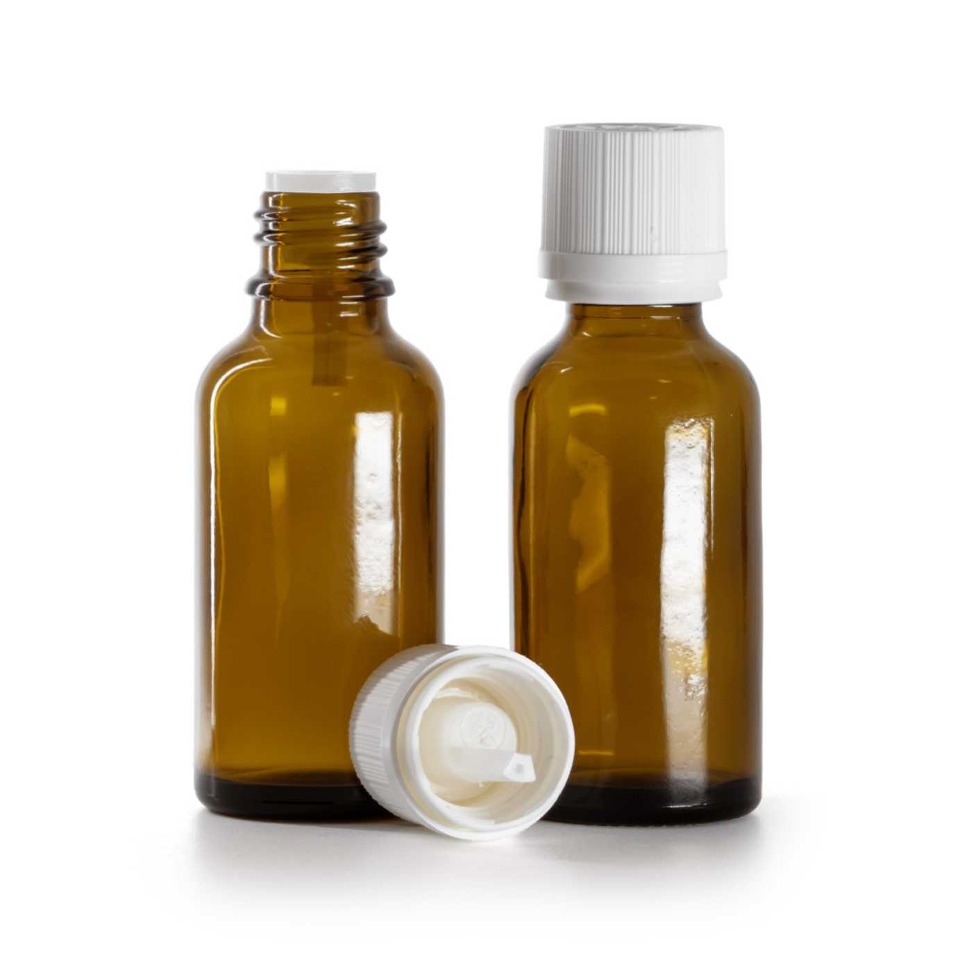 Butelka szklana apteczna, biała nakrętka ryflowana z zabezpieczeniem, 30 ml
