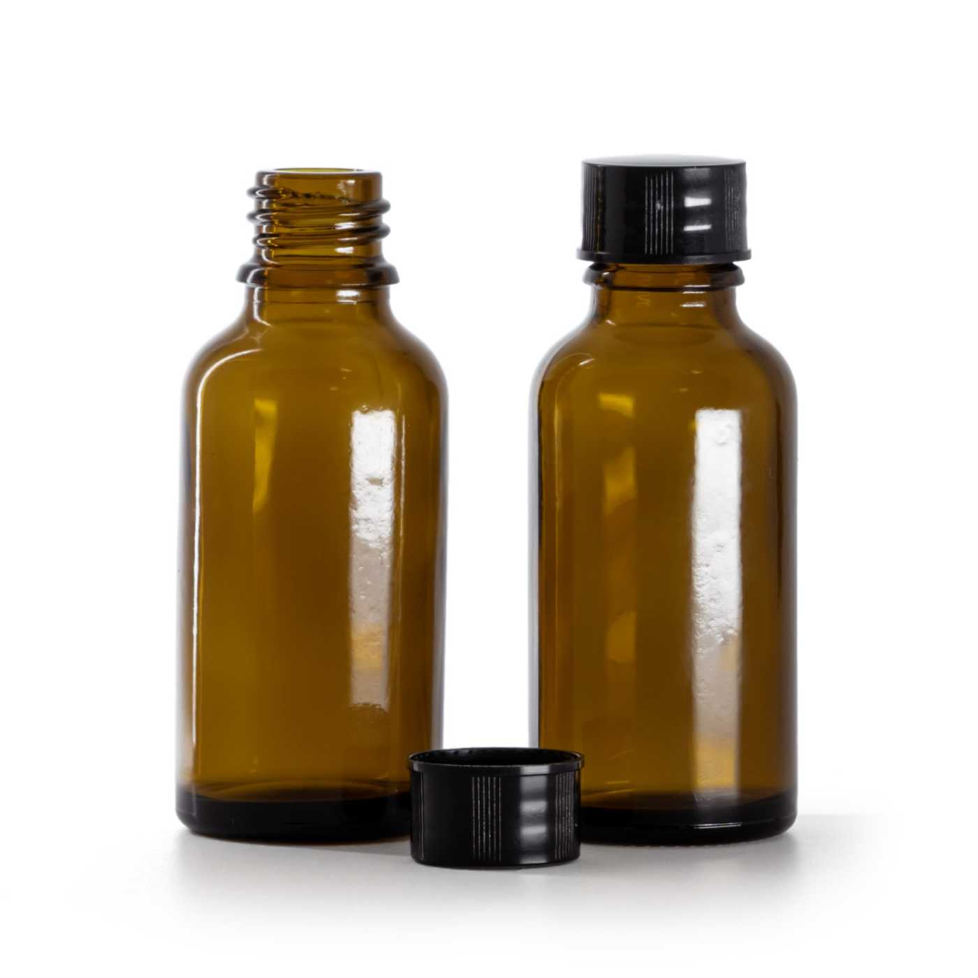 Szklana butelka apteczna, czarna nakrętka, 30 ml