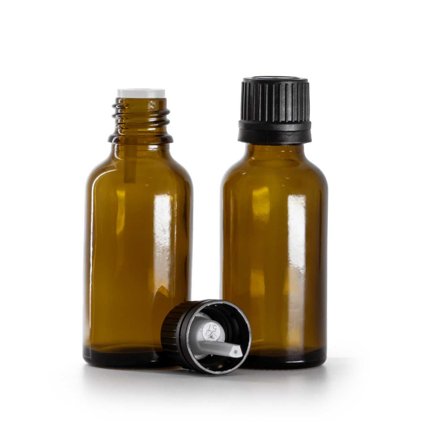 Butelka szklana apteczna, brązowa, czarna nakrętka z kroplomierzem, 30 ml