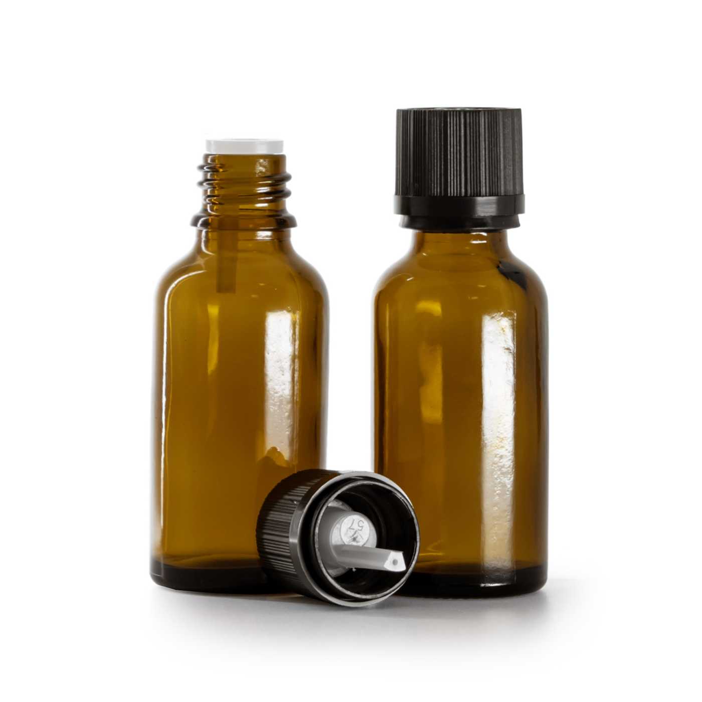 Flacon en verre ambré avec bouchon de sécurité noir rainuré 30 ml