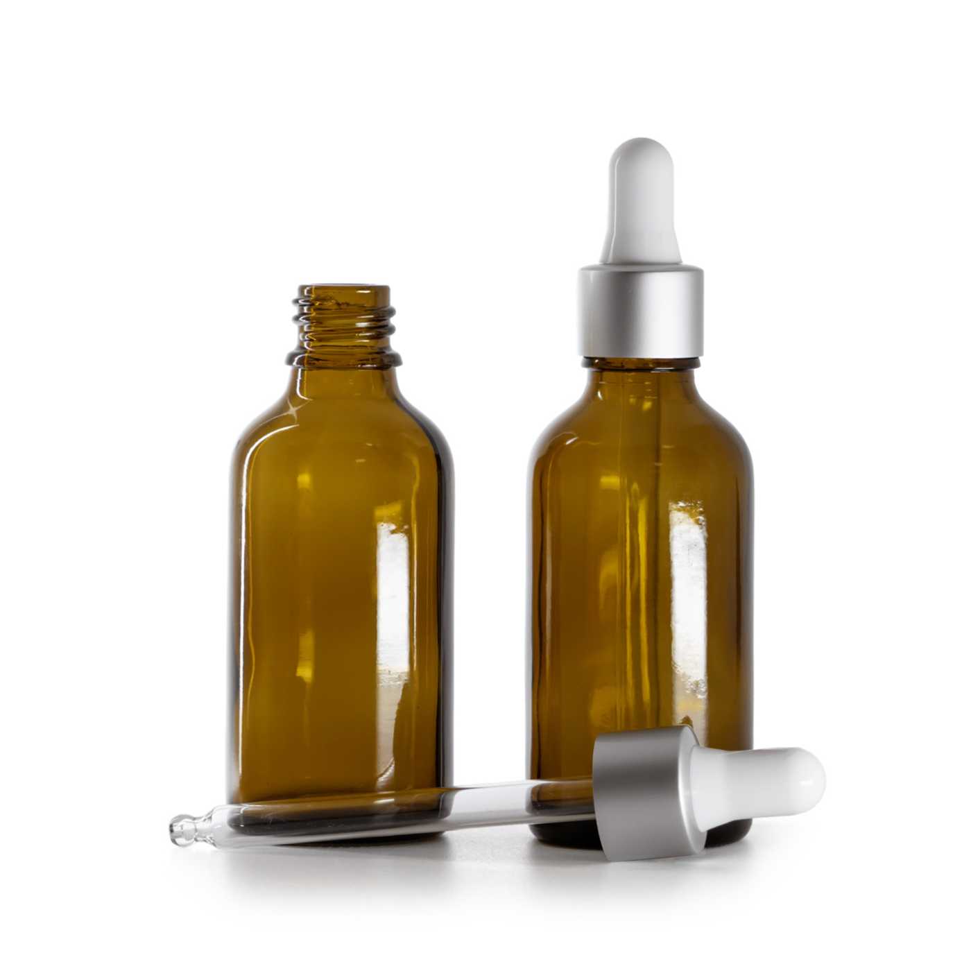 Butelka szklana apteczna, srebrny matowy kroplomierz, 50 ml