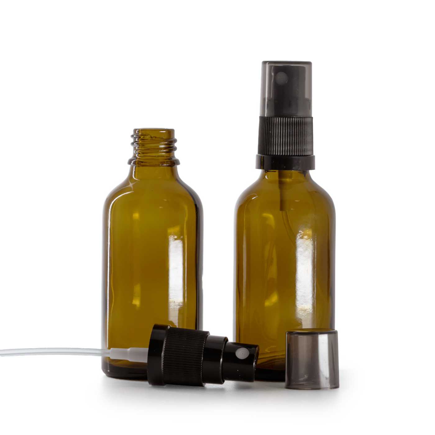 Butelka szklana apteczna, brązowa, czarny atomizer, przydymiony kapturek, 50 ml