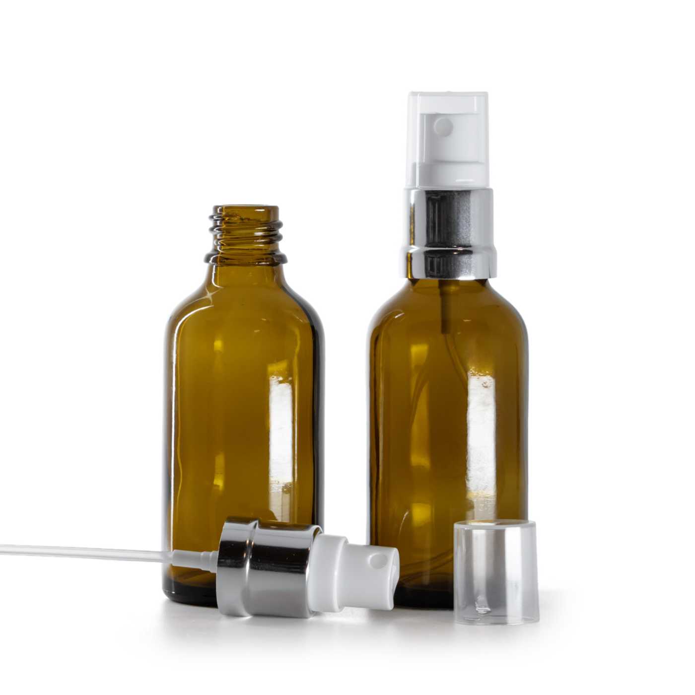 Butelka szklana, apteczna, biało-srebrny atomizer, 50 ml