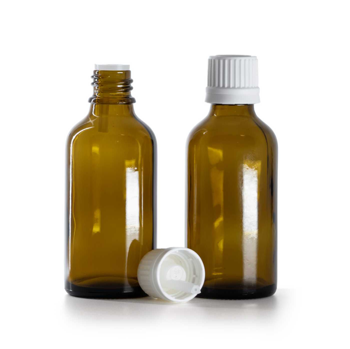 Butelka szklana apteczna, biała nakrętka z kroplomierzem, 50 ml