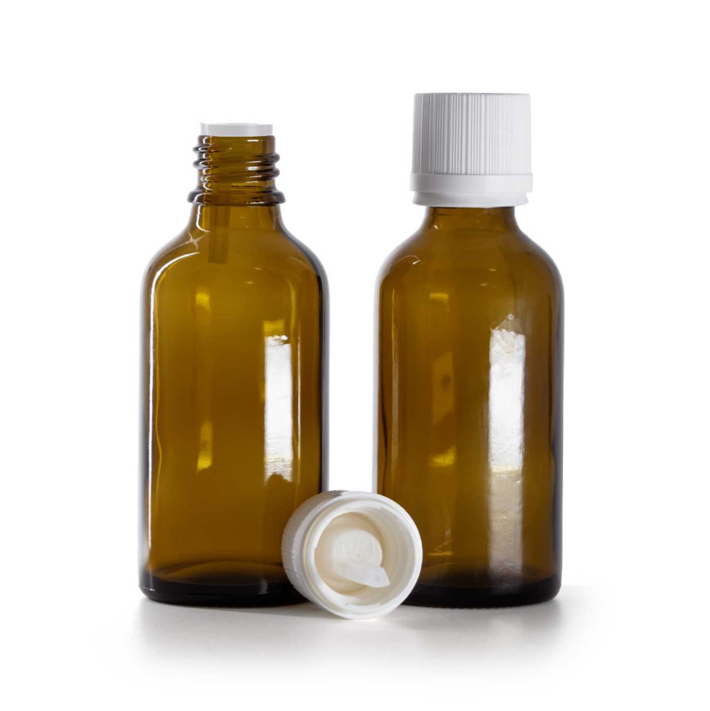 Butelka szklana apteczna, biała nakrętka ryflowana z zabezpieczeniem, 50 ml