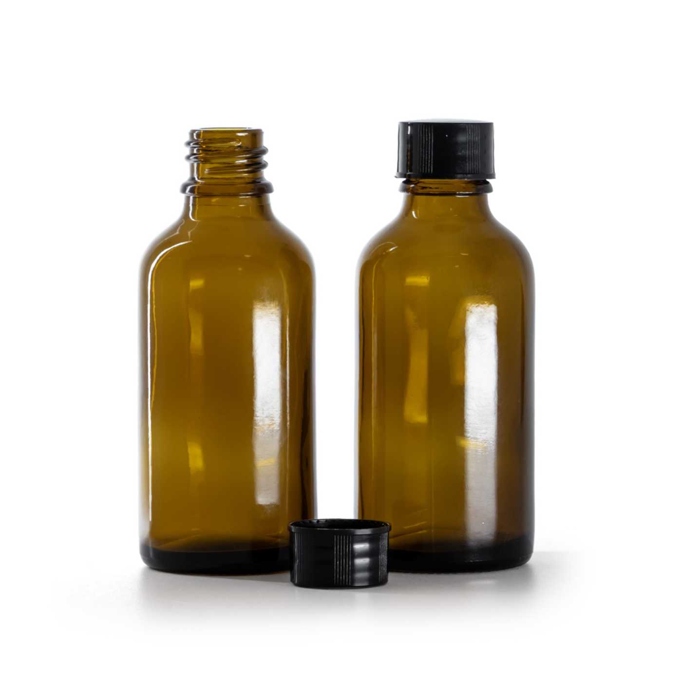 Szklana butelka apteczna, czarna nakrętka, 50 ml