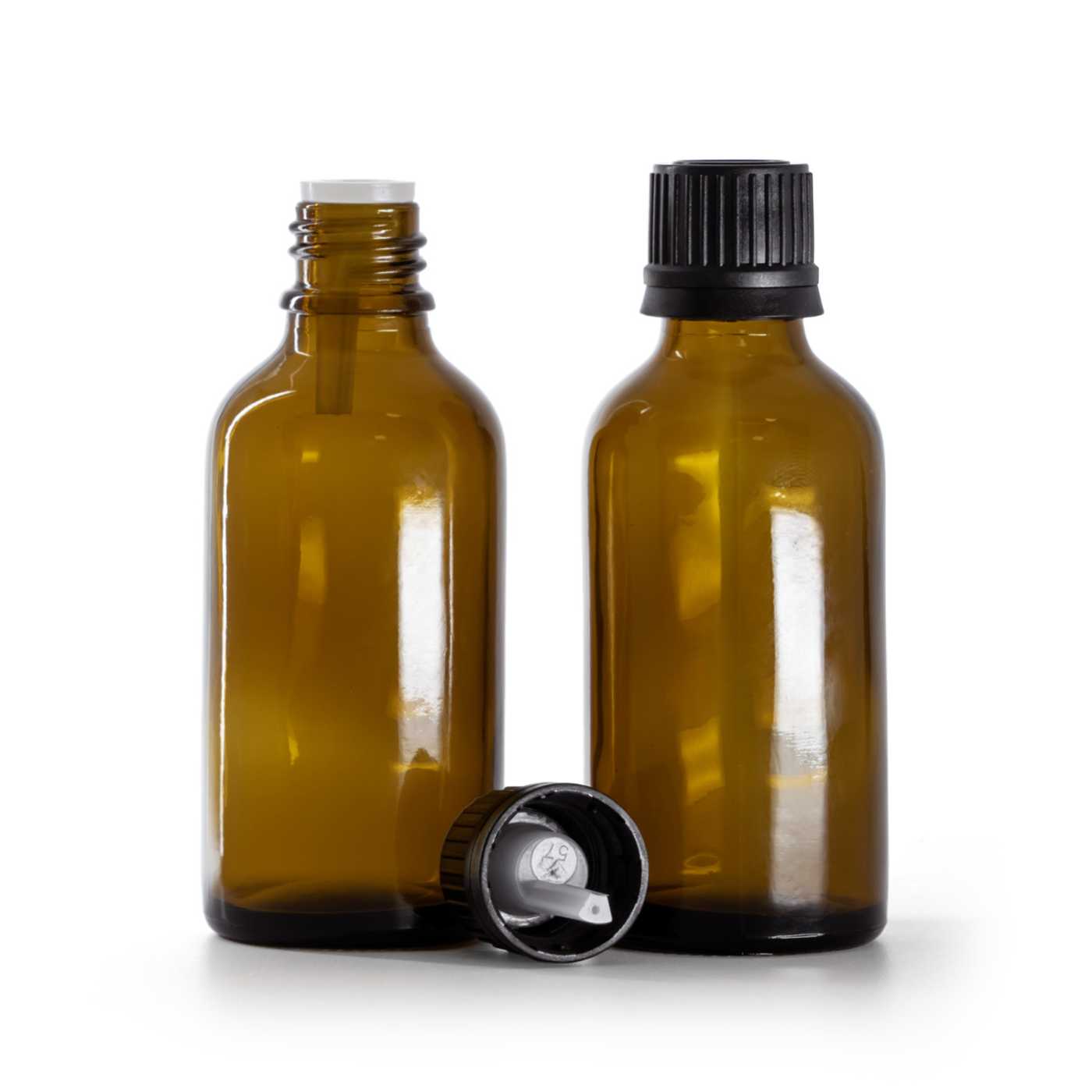 Butelka szklana apteczna, czarna nakrętka z kroplomierzem, 50 ml