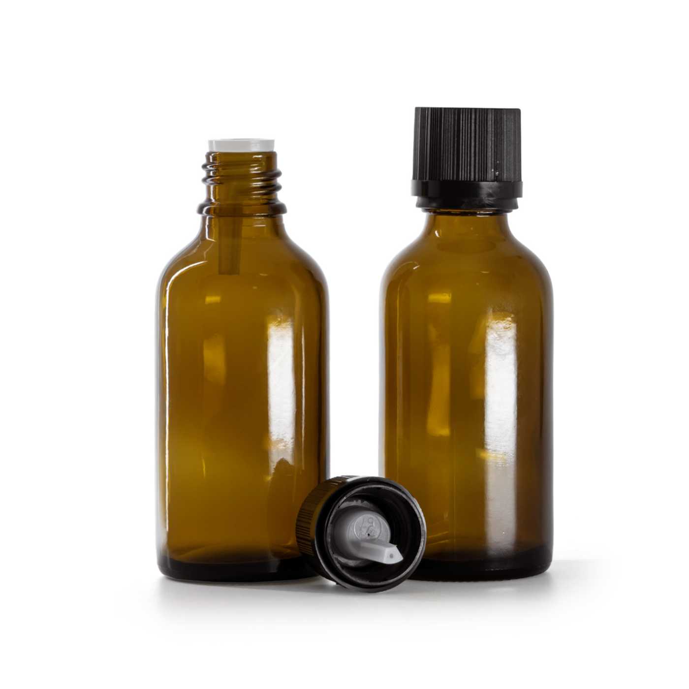 Butelka szklana apteczna, czarna ryflowana nakrętka z zabezpieczeniem, 50 ml