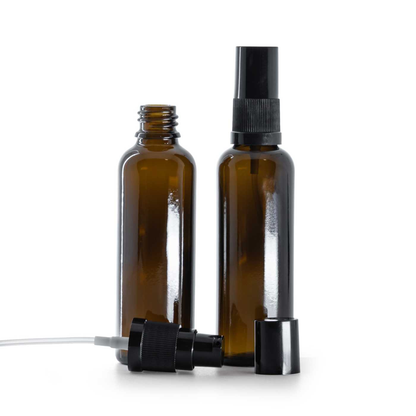 Contenitore in vetro ambra, alto, pompa lozione nera con cappuccio nero, 50 ml