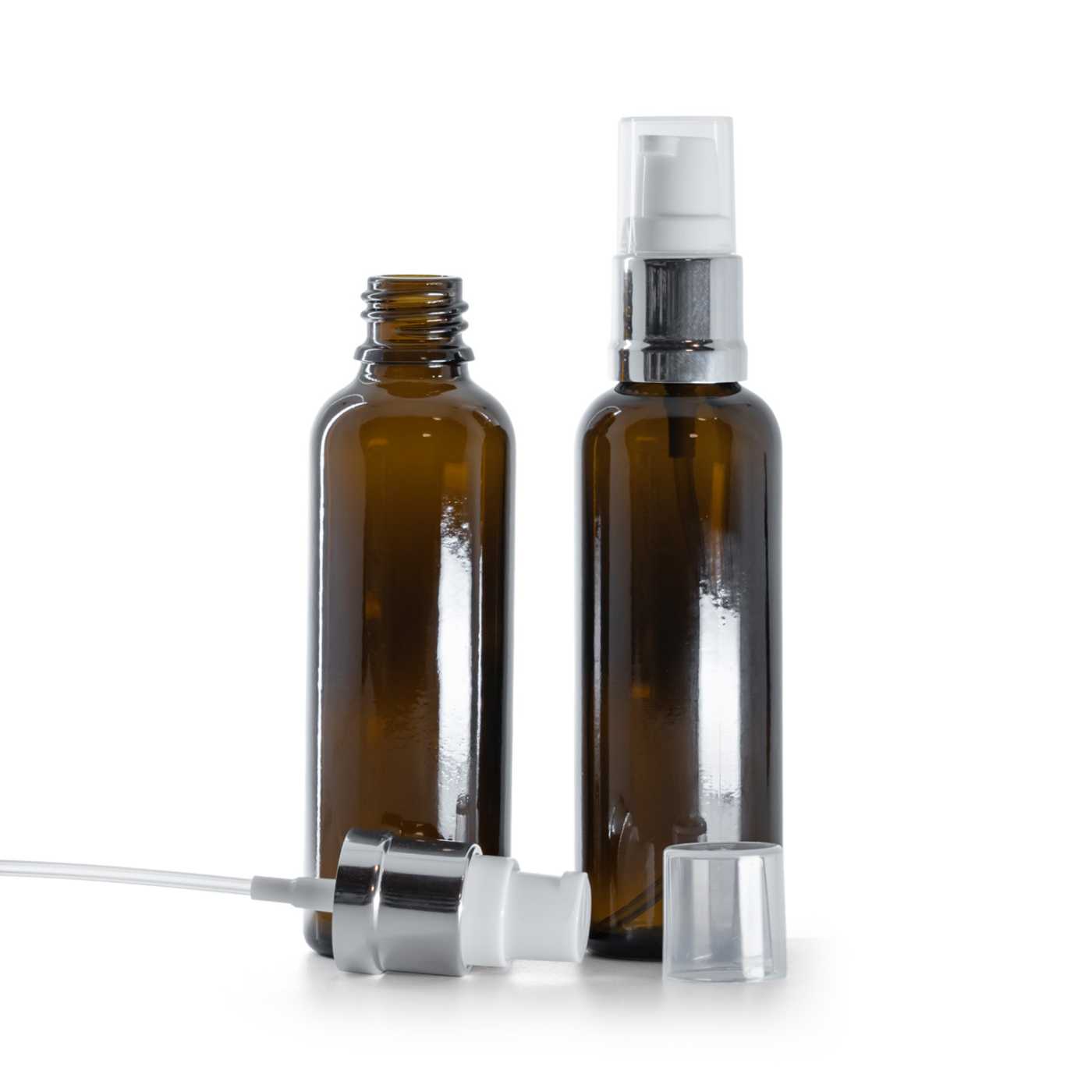 Szklana butelka apteczna, wysoka, brązowa, błyszczący biało-srebrny dozownik, 50 ml