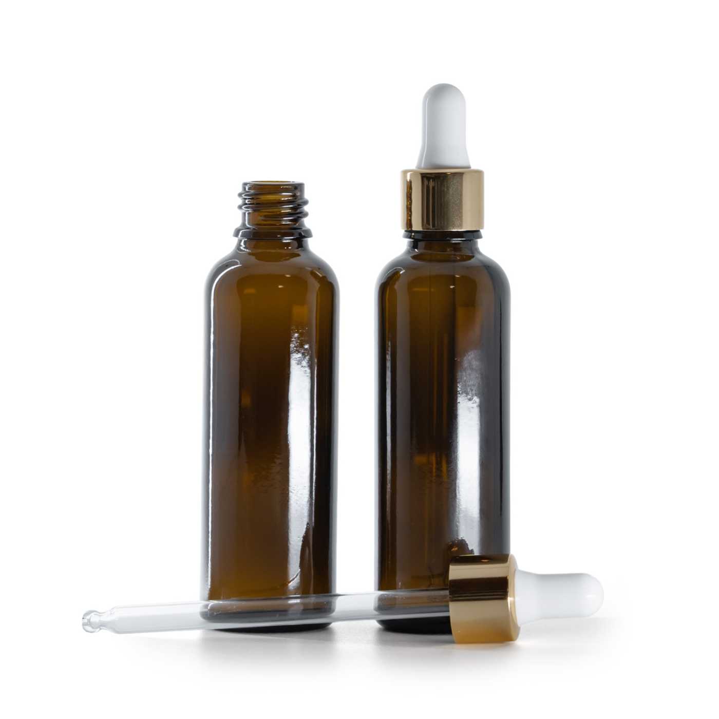 Flacon en verre ambré, fin, compte-gouttes blanc et or, 50 ml