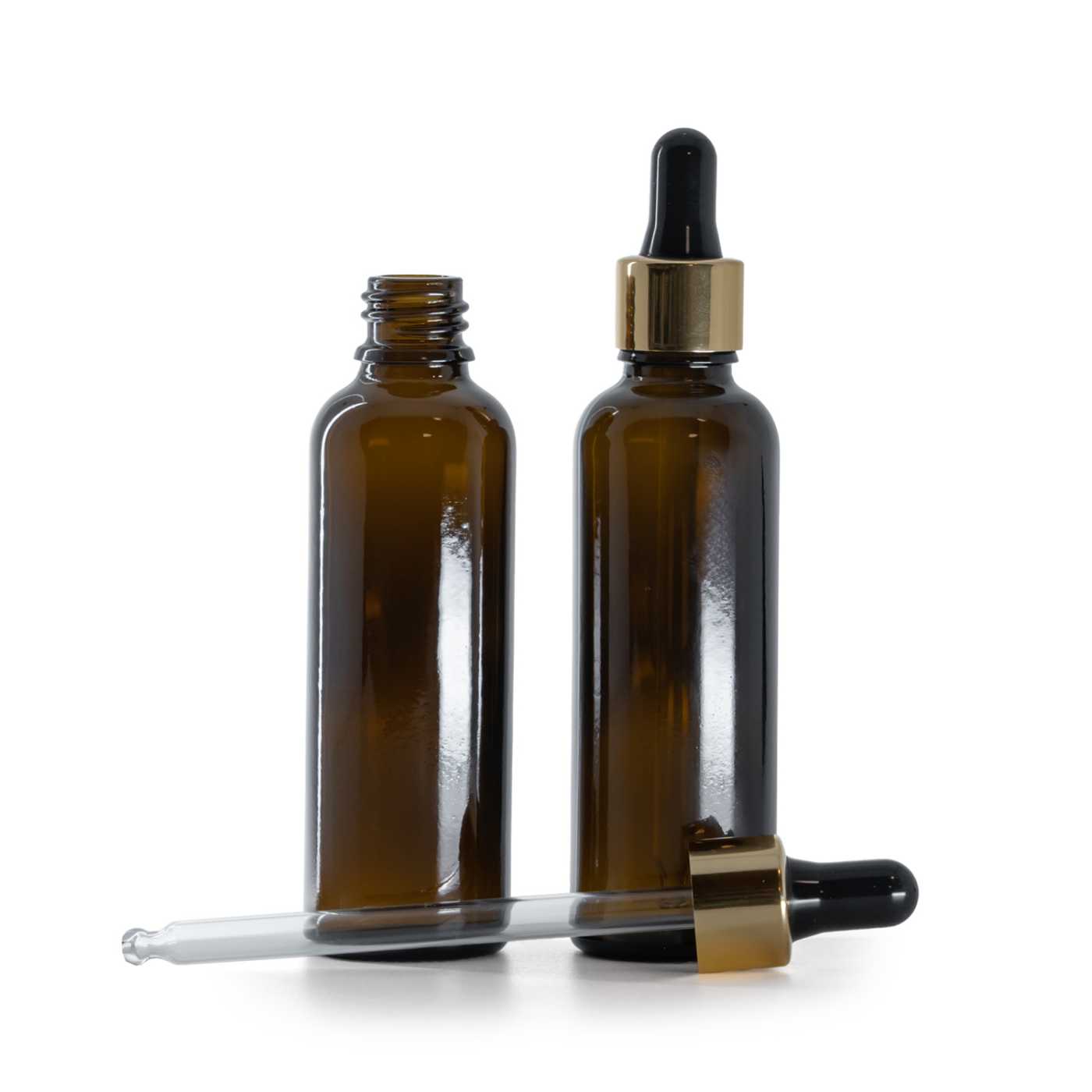 Flacon en verre ambré fin avec pipette noir-or 50 ml